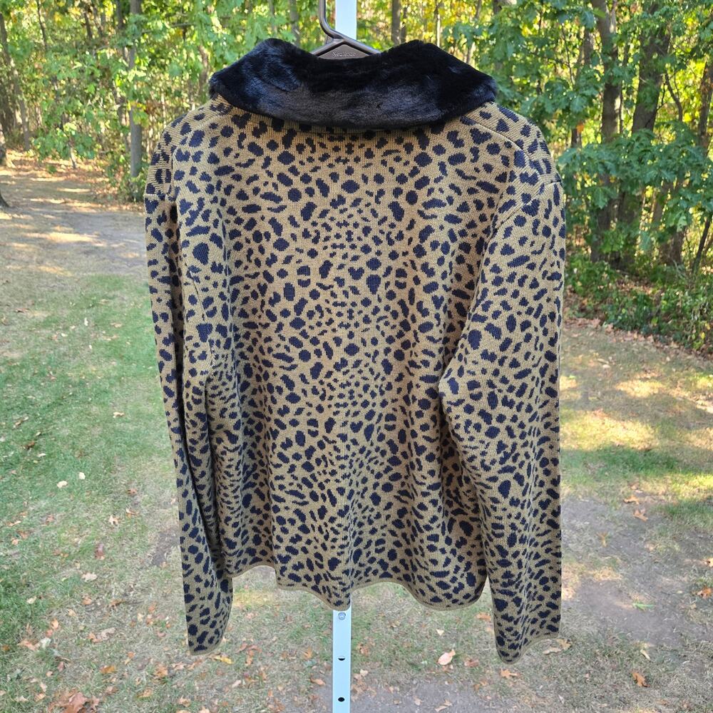 VTG Lennie for Nina Leonard Cardigan Sweater Mob Wife Leopard Faux Fur Collar XL - Picture 7 of 16
